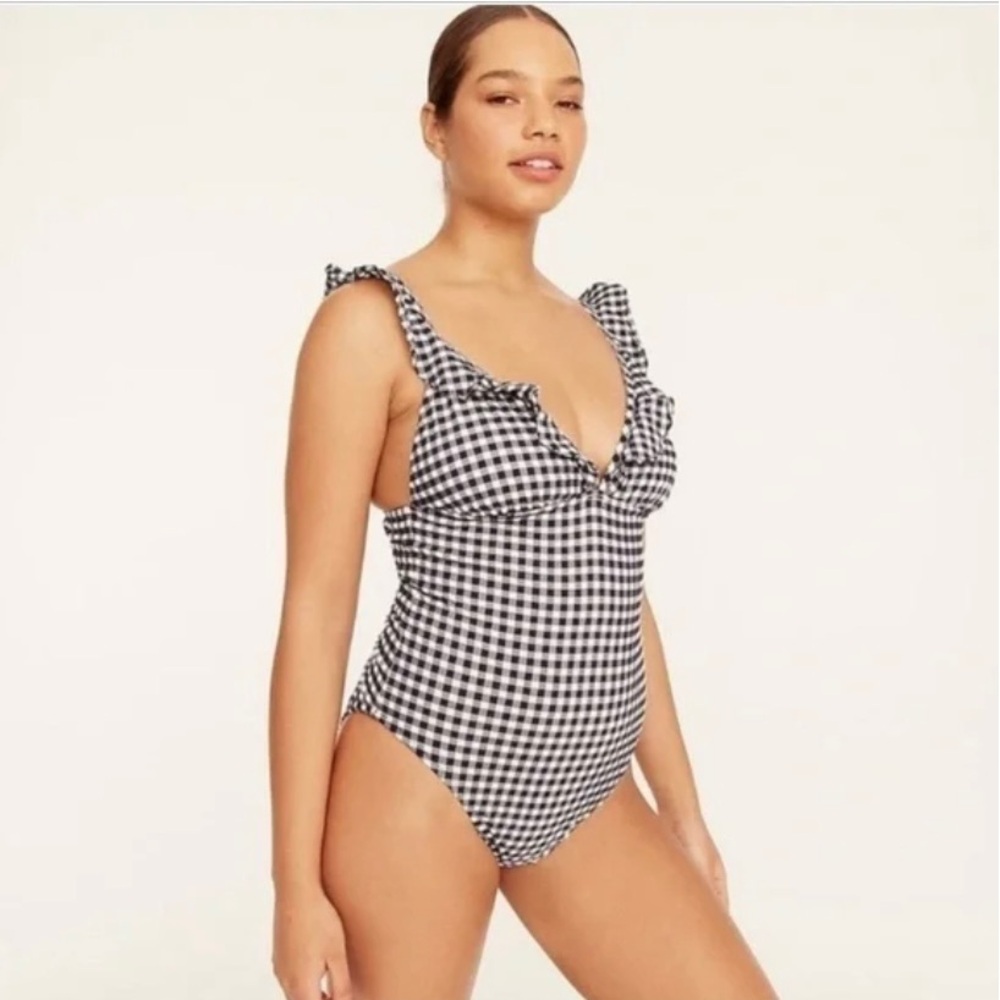 J. Crew Ruffle plunging V-neck swimsuit in Seersucker gingham Size 8 - Picture 5 of 9